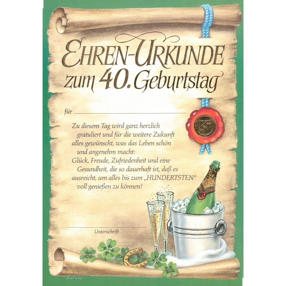 Horn Urkunde "Geburtstag 40" 30x21 cm 52-6840